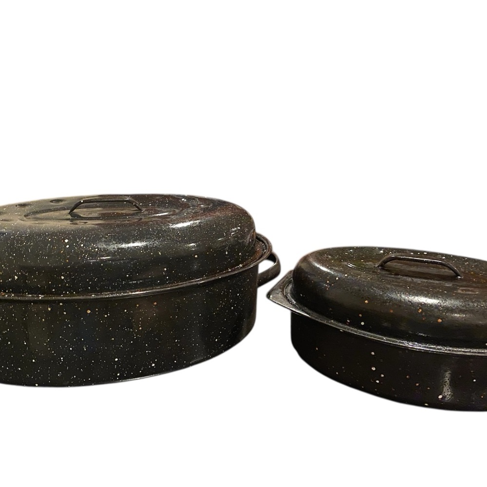 Vintage Speckled Black Roasting Pan Set